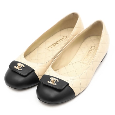 【美品】CHANEL シャネル パンプス G45879 COCOマーク ロゴ ターンロック マトラッセ ダイヤステッチ フラットシューズ バイカラー レザーソール 靴 レディース サイズ 36C ベージュ ブラック 黒 イタリア製
