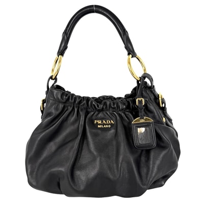 PRADA プラダ トートバッグ ギャザー ハンドバッグ ワンショルダー 肩掛け レザー ブラック 黒 ゴールド金具 レディース【中古品】
