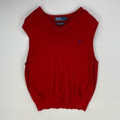 古着 90's/90年代 ポロバイラルフローレン Polo by Ralph Lauren ベスト Vネック ワンポイント ロゴ刺繍 2XL レッド系 無地 メンズ