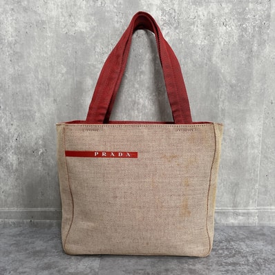 【PRADA】プラダ スポーツ リネアロッサ レディース ハンドバッグ トートバッグ キャンバス ベージュ レッド ロゴ 肩掛け 大容量 通勤 通学