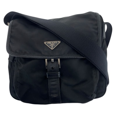 PRADA プラダ テスート 三角ロゴプレート ブラック 黒 シルバー金具 ナイロン レザー/ ショルダーバッグ メッセンジャーバッグ 505392 【中古】