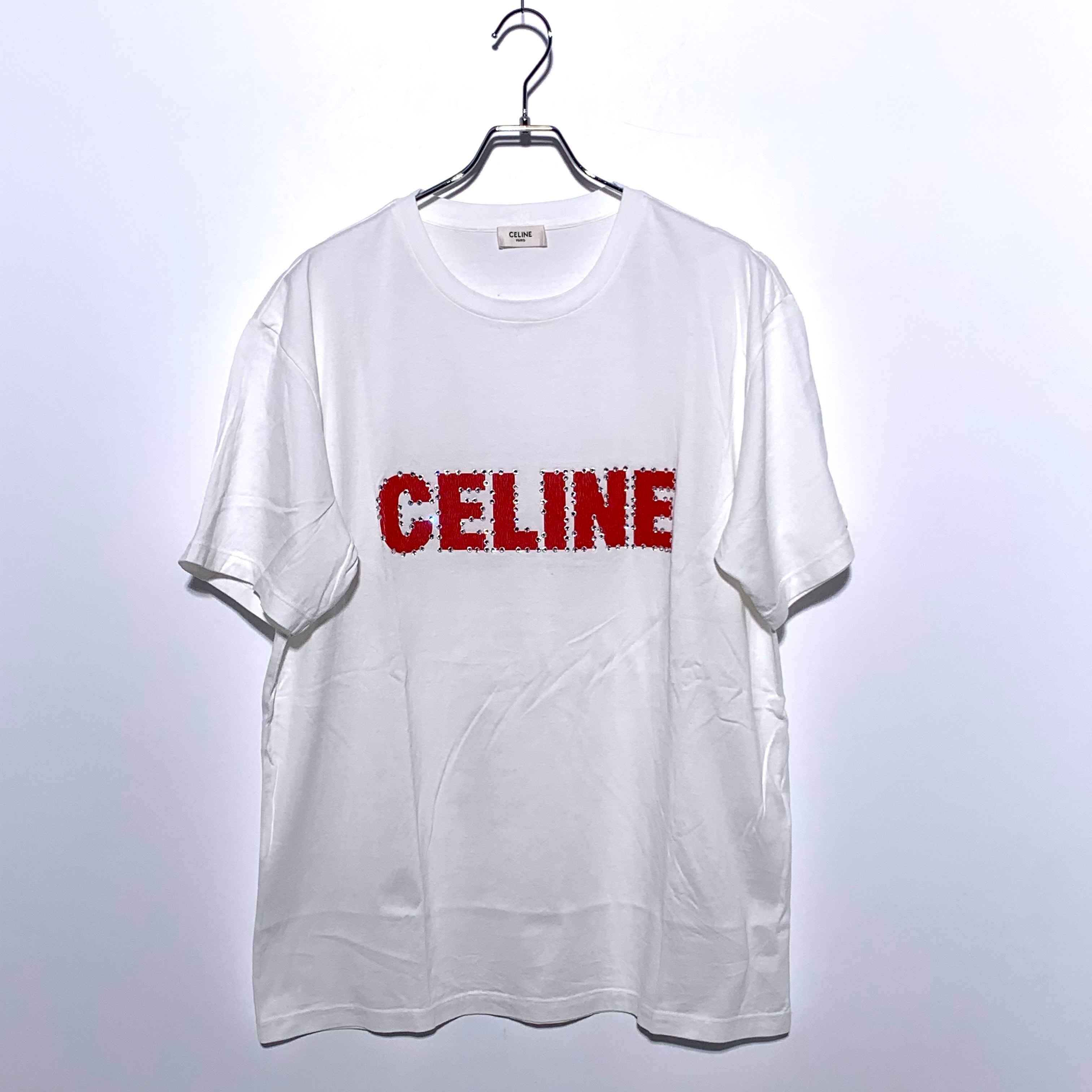 Celine ロゴ ラインストーン コットン ルーズ Tシャツ ホワイト