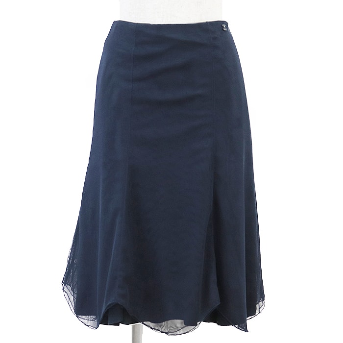 美品 シャネル メッシュ 膝丈 スカート レディース ネイビー 36 CHANEL