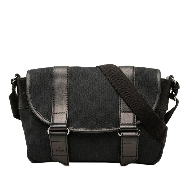 グッチ GGキャンバス 斜め掛け ショルダーバッグ 145858 ブラック キャンバス レザー レディース GUCCI 中古