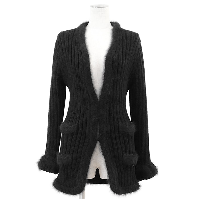 【美品】CHANEL シャネル 02A P19710 ニットカーディガン ローゲージ アンゴラブレンド ファー ロゴ COCOマーク チャーム フロントメタルフック トップス レディース サイズ 40 ブラック 黒 イタリア製 カール・ラガーフェルド期