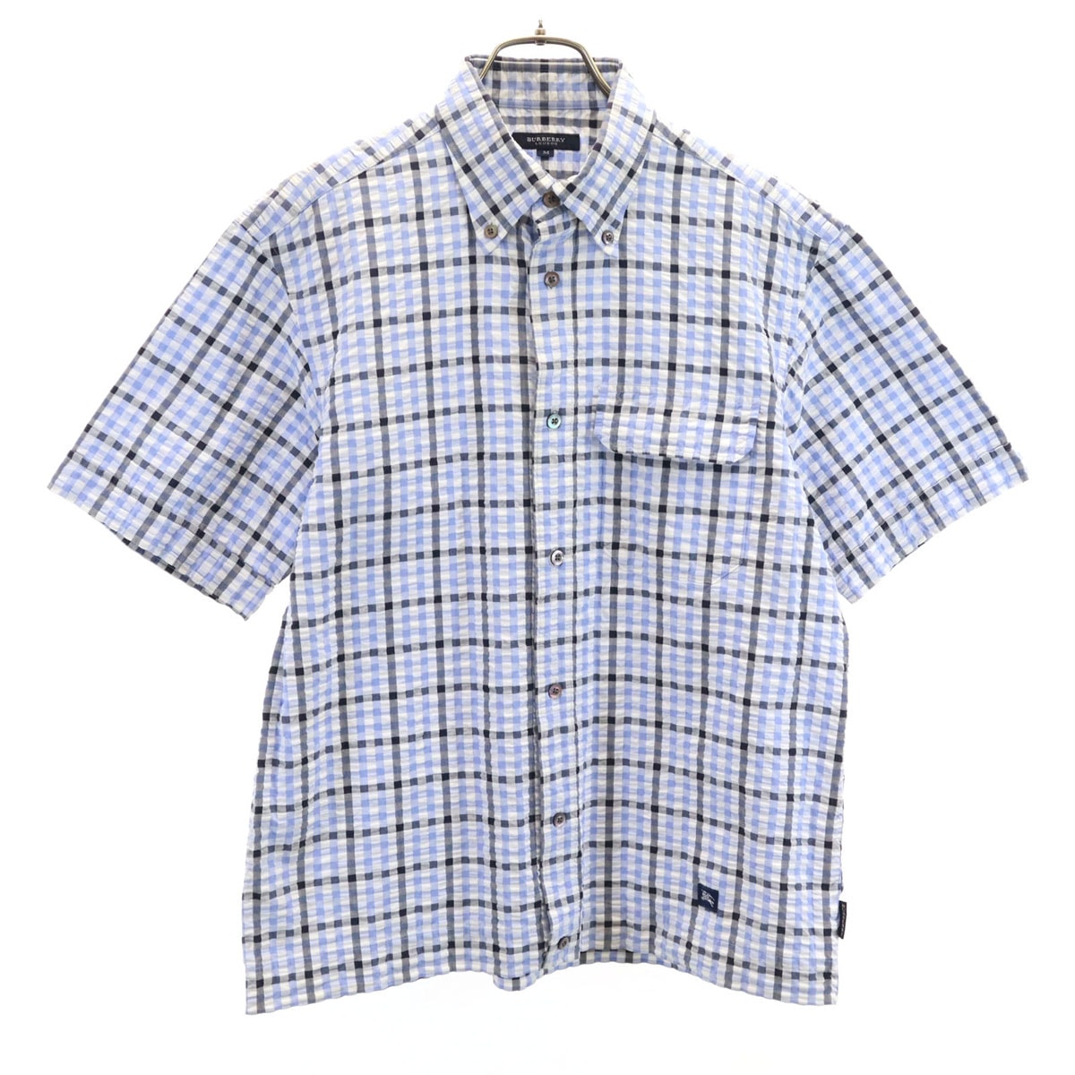BURBERRY LONDON バーバリーロンドン チェック柄 半袖 シアサッカー ボタンダウンシャツ M ブルー