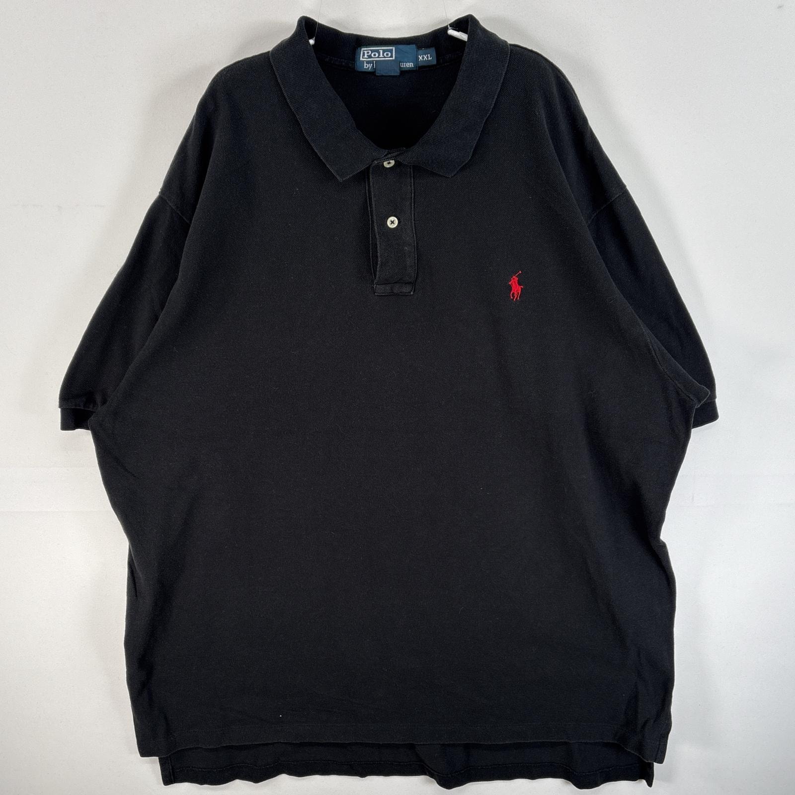 古着 90's/90年代 ポロバイラルフローレン Polo by Ralph Lauren 鹿の子 半袖 ポロシャツ ワンポイント ロゴ 刺繍 2ボタン 大きいサイズ 14041  ブラック 無地 メンズ