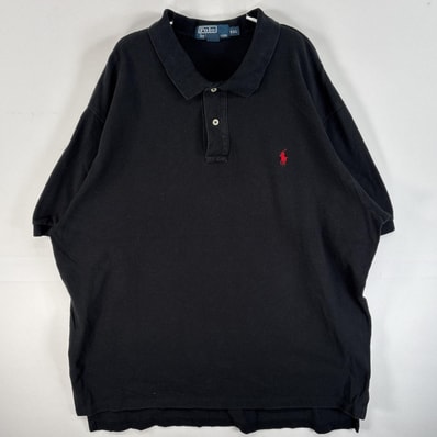古着 90's/90年代 ポロバイラルフローレン Polo by Ralph Lauren 鹿の子 半袖 ポロシャツ ワンポイント ロゴ 刺繍 2ボタン 大きいサイズ 14041 ブラック 無地 メンズ