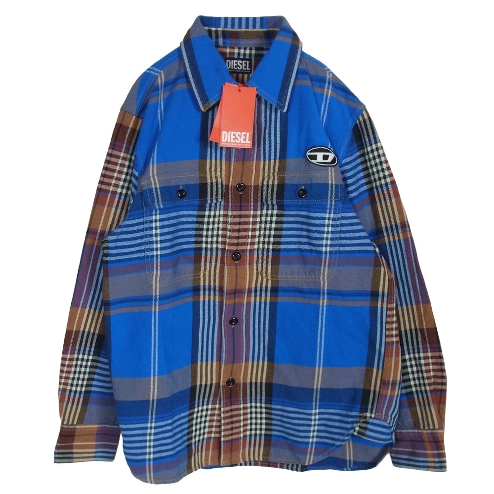 DIESEL ディーゼル 長袖シャツ A04020 ロゴパッチ チェック ネルシャツ 長袖 シャツ ブルー系 S【極上美品】【中古】