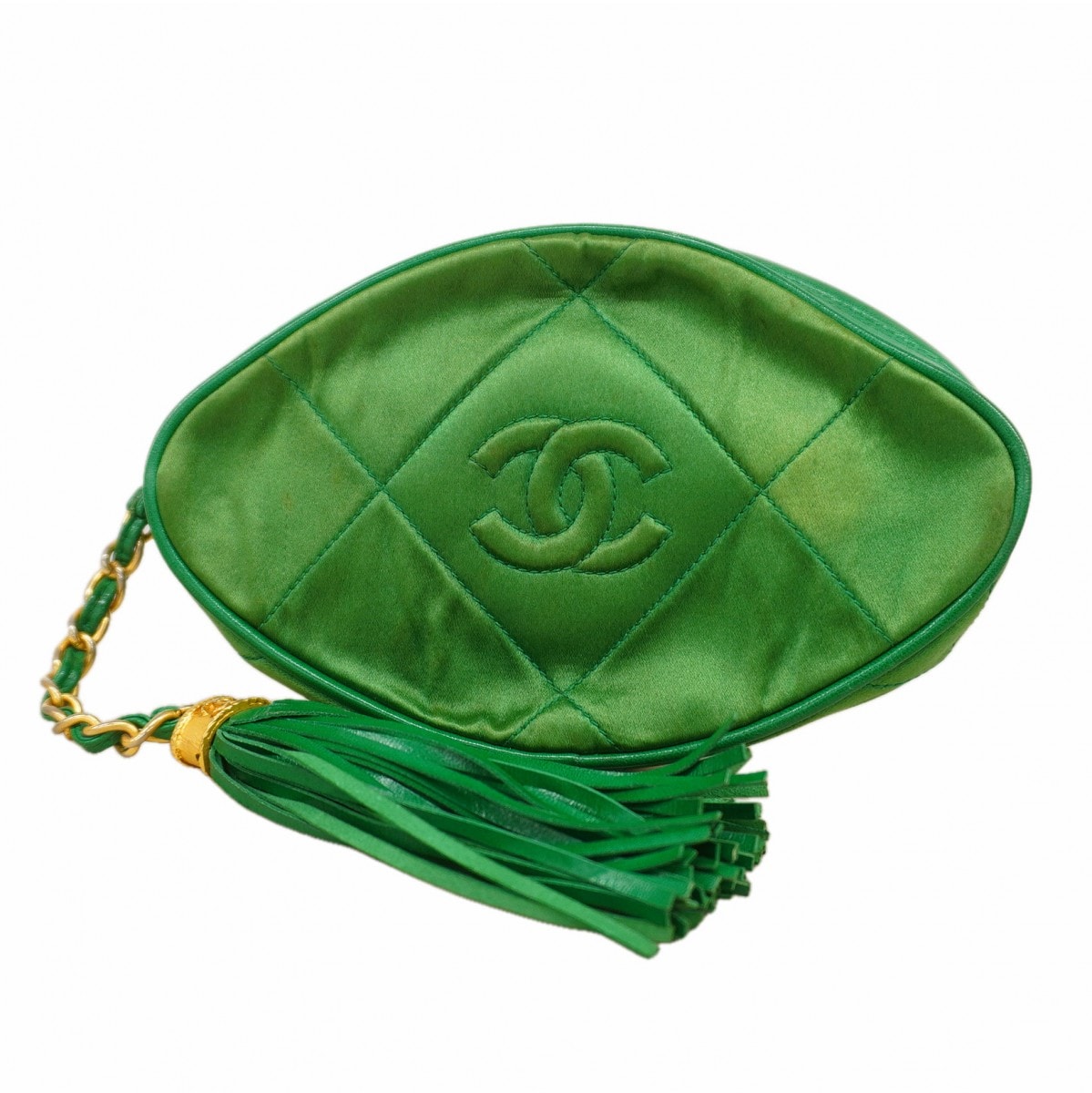 【6db1144-k】シャネル ショルダーバッグ サテン グリーン ゴールド金具【中古】レディース