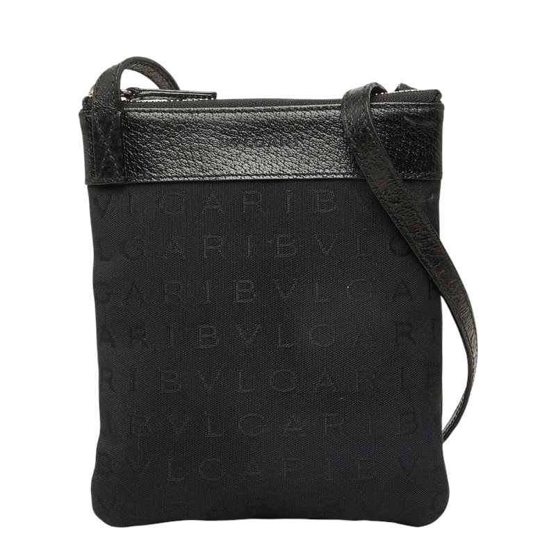 ブルガリ ショルダーバッグ サコッシュ ロゴ ブラック キャンバス レザー レディース BVLGARI 中古