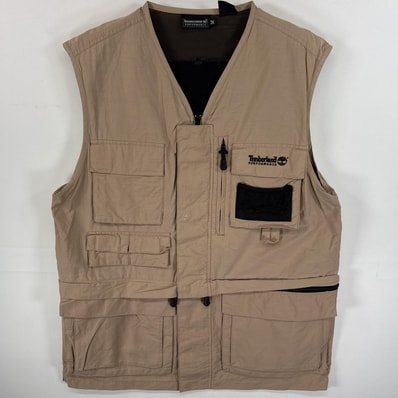 古着 ティンバーランド Timberland ベスト フィッシングベスト フラップポケ ワンポイント ロゴ 刺繍 M ベージュ 無地 メンズ