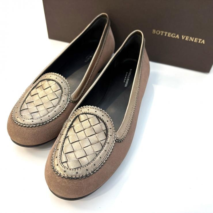 BOTTEGAVENETA イントレチャート スエード フラットシューズ #37 24.cm ベージュ ローファー イタリア製 鑑定済み 正規品 ボッテガヴェネタ