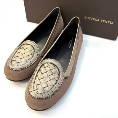 BOTTEGAVENETA イントレチャート スエード フラットシューズ #37 24.cm ベージュ ローファー イタリア製 鑑定済み 正規品 ボッテガヴェネタ