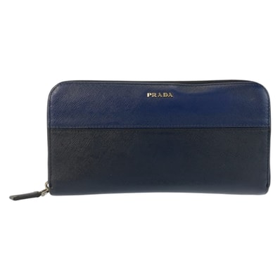 美品 PRADA プラダ サフィアーノ ネイビー ブラック シルバー金具 レザー 長財布 ロングウォレット 601503 【中古】