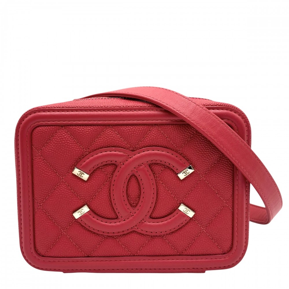 CHANEL シャネル ショルダーバッグ マトラッセ CCフィリグリー バニティバッグ ミニポシェット 肩掛け 斜め掛け ココマーク ココ 鞄 かばん  キャビアスキン   レッド 赤 ゴールド金具 レディース 美品【中古品】