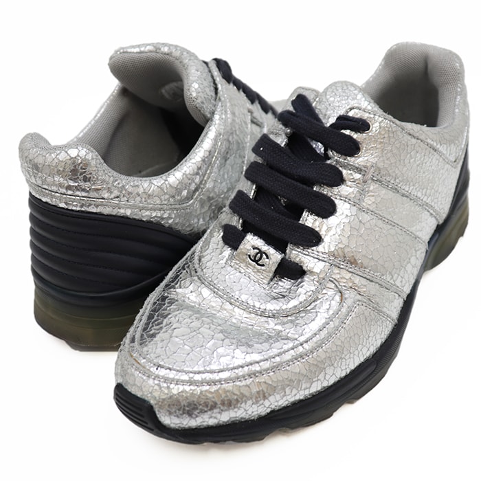 美品 シャネル G31712 スニーカー メンズ シルバー ネイビー 42 CHANEL