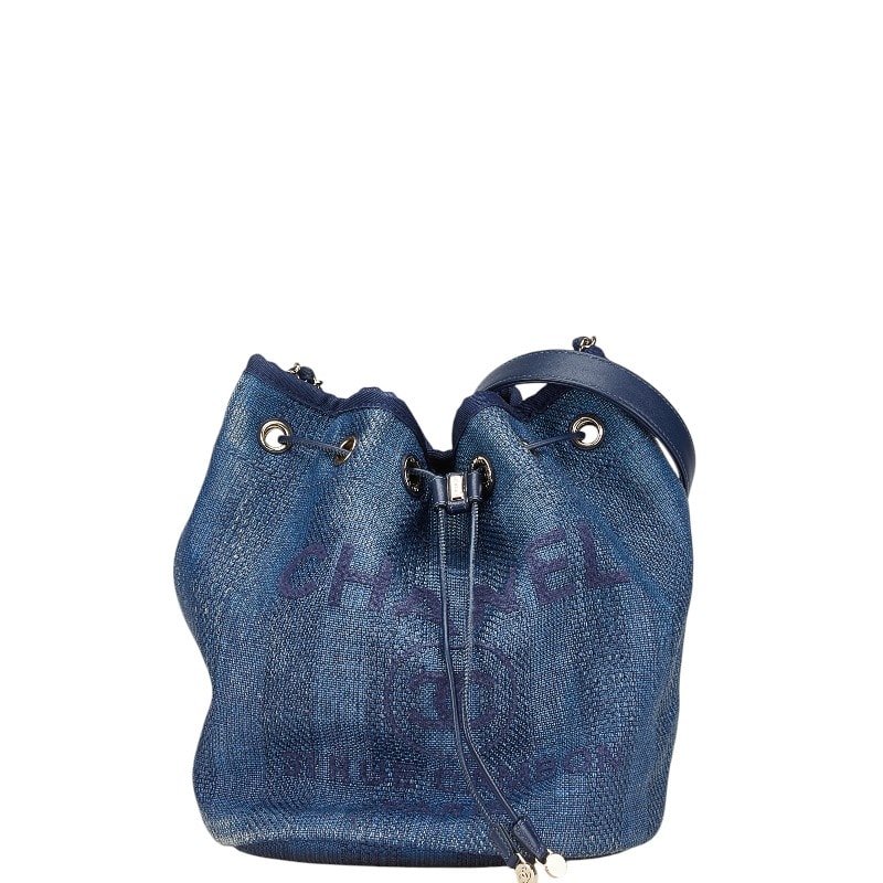 シャネル ドーヴィル チェーン ショルダーバッグ ブルー ネイビー ストロー レザー レディース CHANEL 【中古】