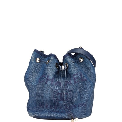 シャネル ドーヴィル チェーン ショルダーバッグ ブルー ネイビー ストロー レザー レディース CHANEL 【中古】