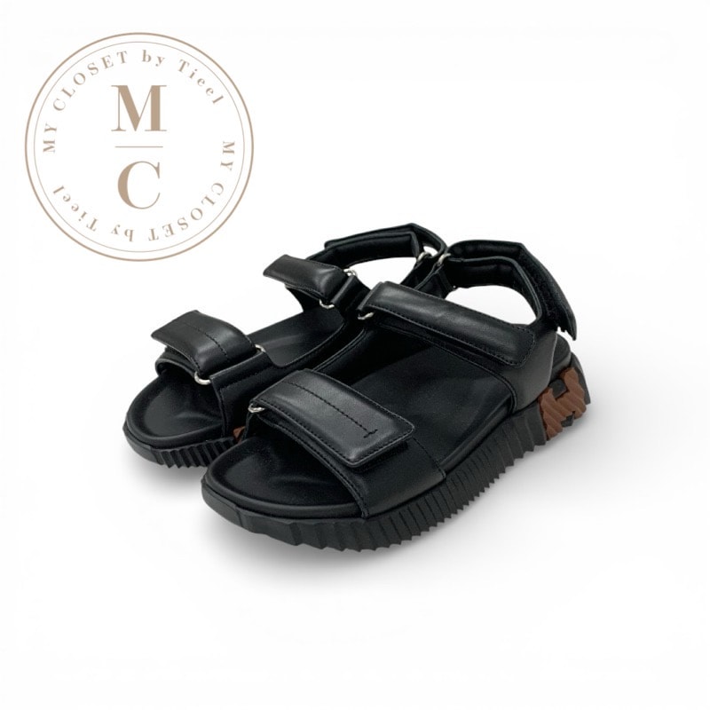 エルメス HERMES ジュニア サンダル 靴 シューズ レザー ブラック ブラウン 未使用 ロゴ ベルクロ