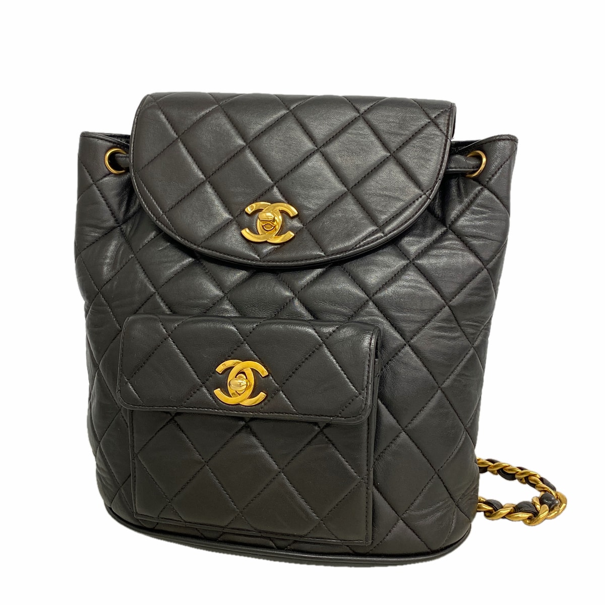 ★SALE【6hb1306】シャネル リュック・デイパック マトラッセ ラムスキン ブラック ゴールド金具【中古】レディース