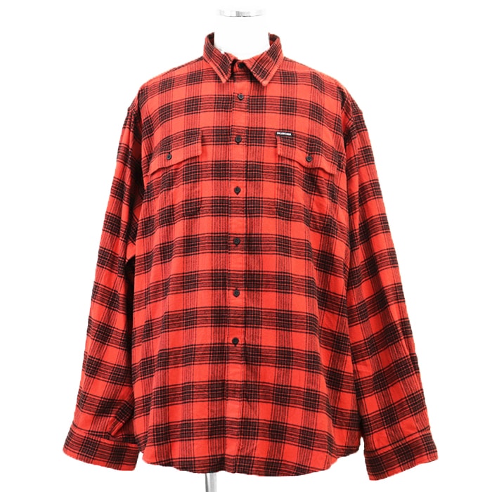 BALENCIAGA バレンシアガ 長袖シャツ サイズ 3 メンズ フランネル コットン タータンチェック ビッグシルエット トップス ブラック レッド 黒 赤