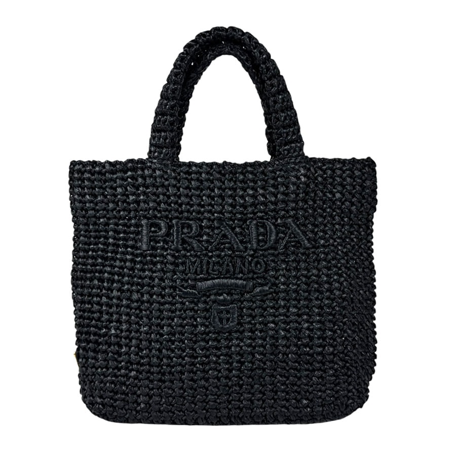 プラダ PRADA ハンドバッグ スモール クロシェ トート ラフィア ブラック レディース 1BG422【中古】 z11173
