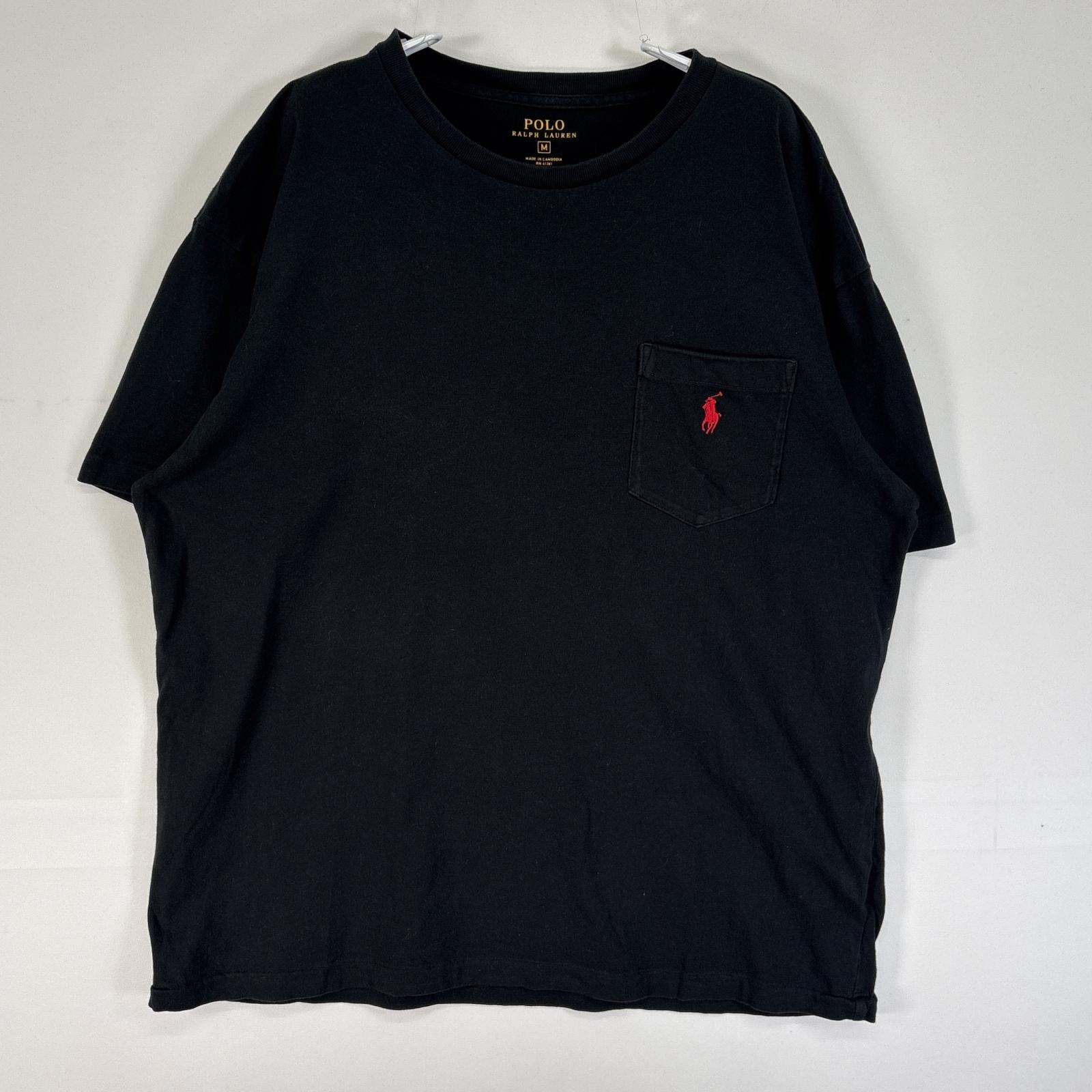 古着 ポロ・ラルフローレン POLO RALPH LAUREN 半袖Tシャツ ロゴ 刺繍 クルーネック 胸ポケ M ブラック 無地 メンズ