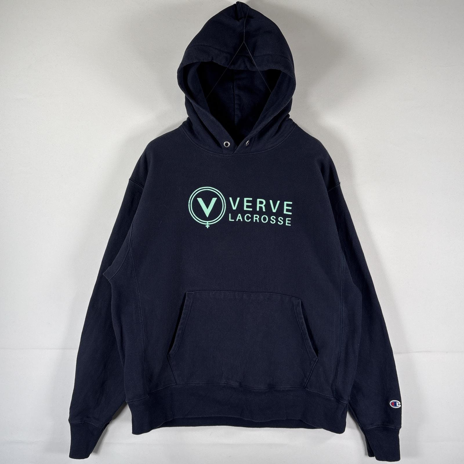 古着 チャンピオン Champion パーカー リバースウィーブ スウェット 企業ロゴプリント ワッペン フーディ LARGE  ネイビー メンズ