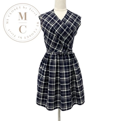 クリスチャンディオール CHRISTIAN DIOR ワンピース ウール ネイビー ホワイト ラップ オーバー ショートドレス フレア チェック