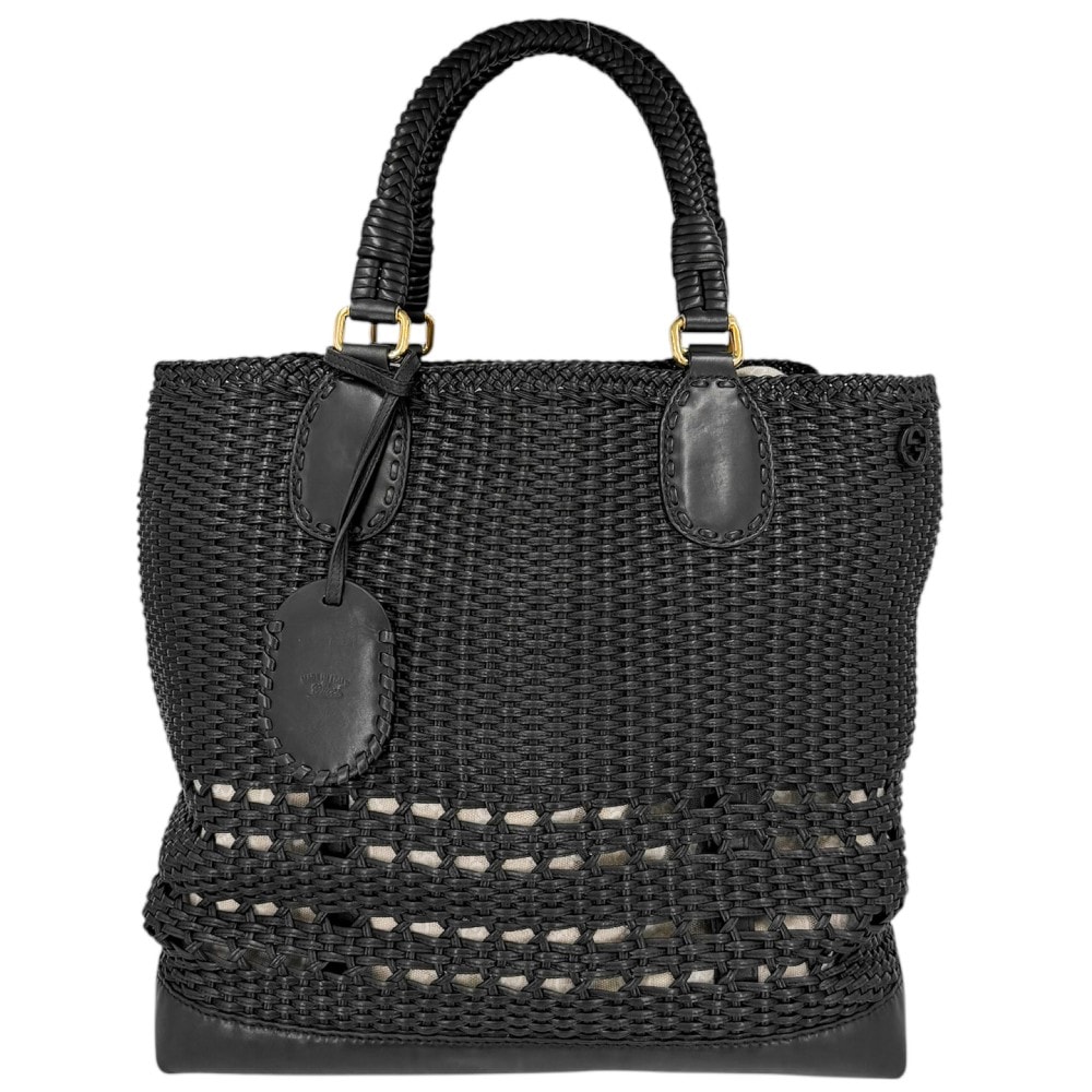 GUCCI グッチ トートバッグ かごバッグ ハンドバッグ 肩掛け 263961 レザー ブラック 黒 ベージュ ゴールド金具 ユニセックス【中古品】