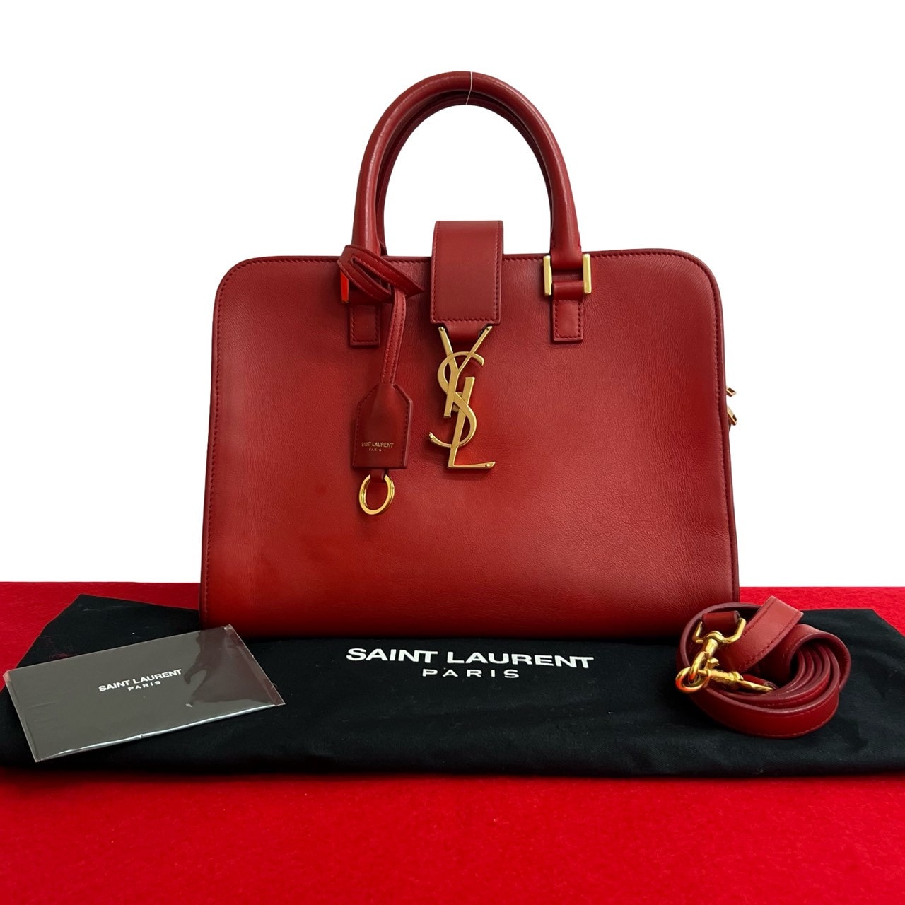 YVES SAINT LAURENT イヴ・サンローラン ベイビーカバス YSL ロゴ 金具 レザー ショルダーバッグ レッド
 378-2