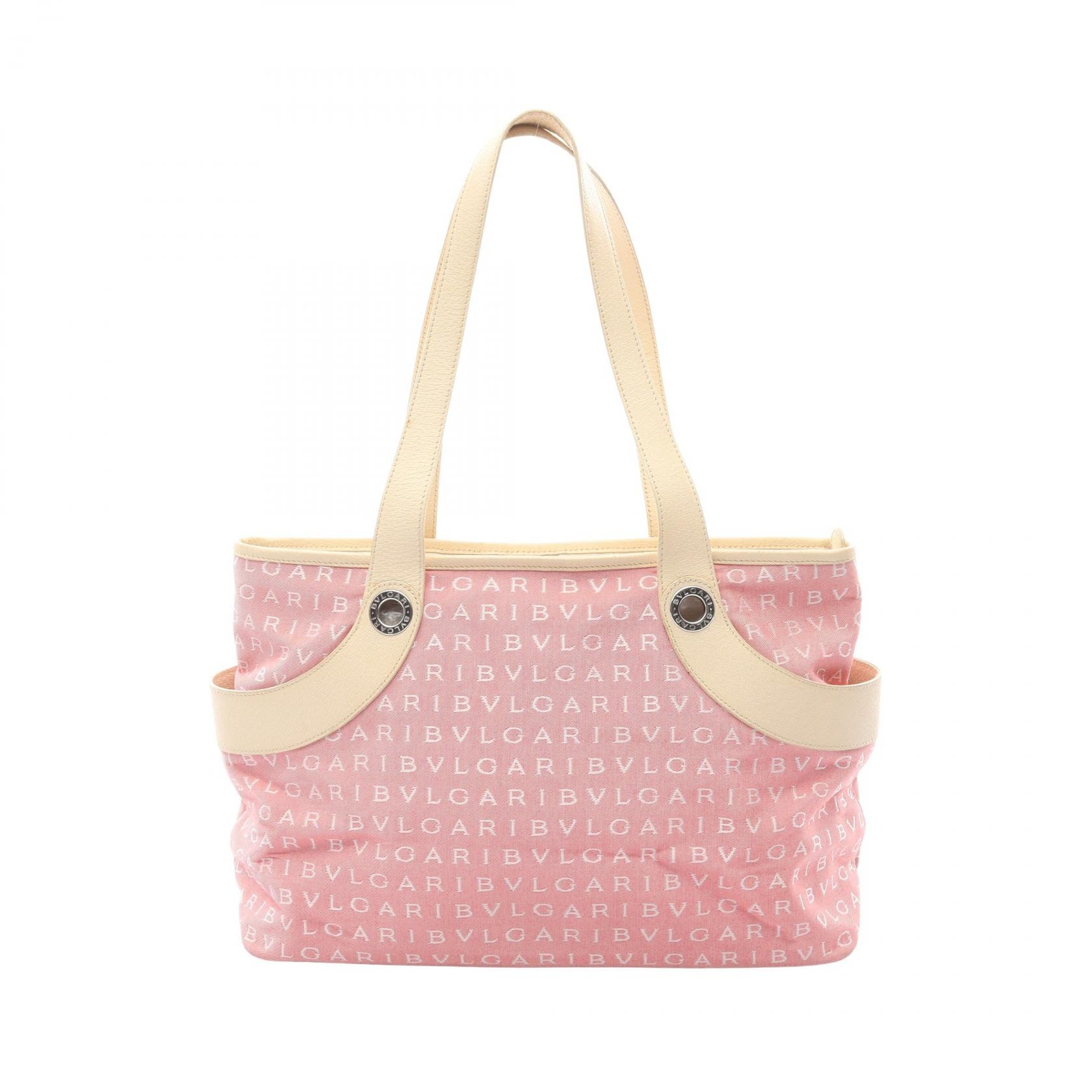 ブルガリ BVLGARI ロゴマニア トートバッグ バッグ キャンバス レザー レディース ピンク系 / アイボリー系 【中古】