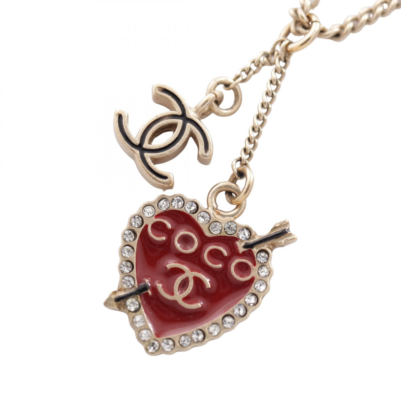 シャネル CHANEL 10P ココマーク ハート ネックレス ジュエリー GP(ゴールドメッキ) ラインストーン レディース ゴールド系 / レッド系 / クリア系 【中古】