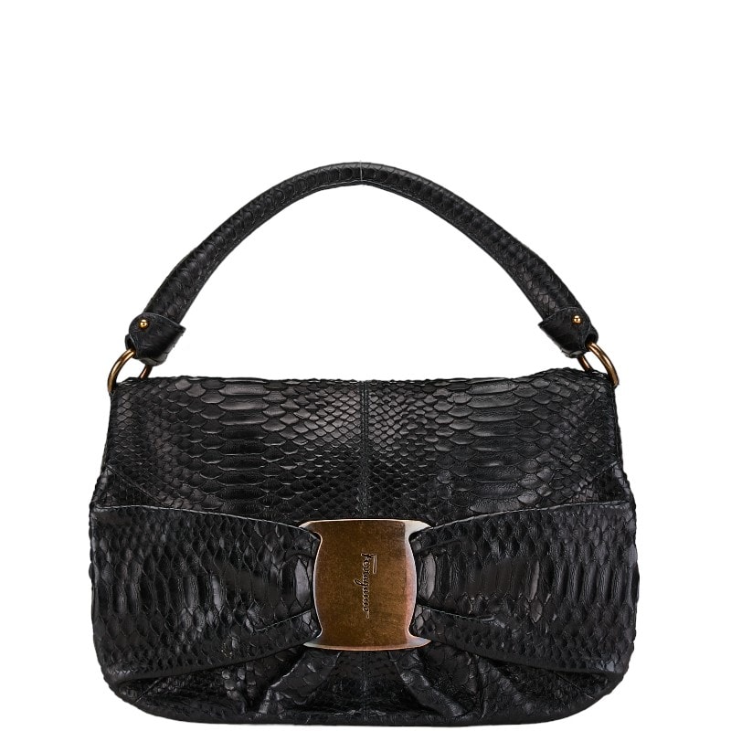 サルヴァトーレフェラガモ パイソン ロゴ ヴァラリボン ハンドバッグ ブラック レザー レディース Salvatore Ferragamo 【中古】