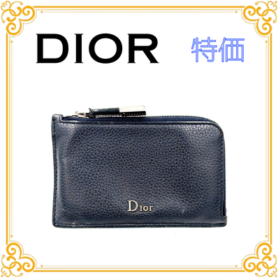 ■特価■ DIOR ディオール フラグメントケース 小銭入れ コインケース ネイビー レザー コンパクト ウォレット 財布 レディース メンズ
