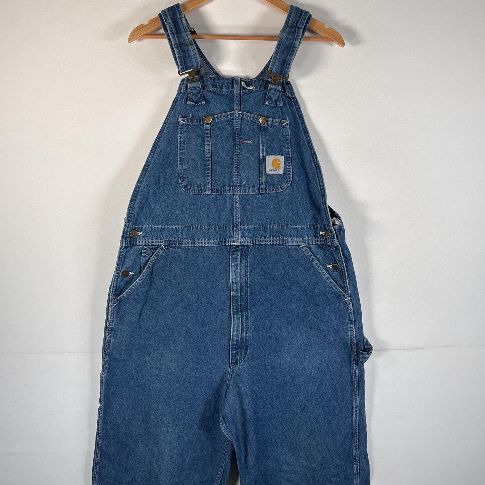 古着 カーハート Carhartt オーバーオール デニム ワーク ワンポイントロゴ 大きいサイズ ハンマーループ w38 L34  ブルー系 メンズ