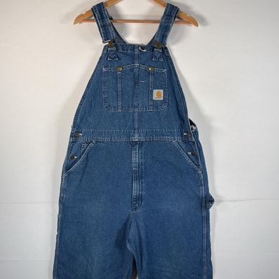 古着 カーハート Carhartt オーバーオール デニム ワーク ワンポイントロゴ 大きいサイズ ハンマーループ w38 L34 ブルー系 メンズ