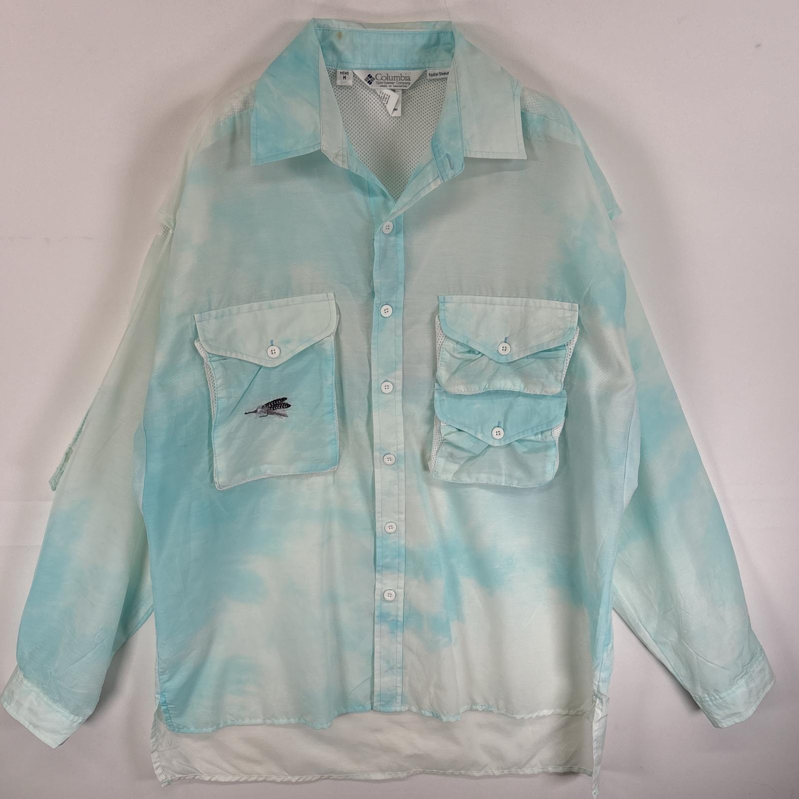 古着 90's/90年代 コロンビア Columbia 長袖シャツ フィッシングシャツ ワンポイント ロゴ フラップポケ M  水色系 マーブル メンズ
