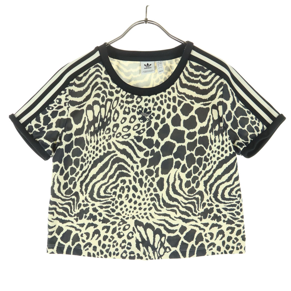 美品 adidas アディダス 総柄 バイカラー ワンポイントロゴ 半袖 クロップド丈 Tシャツ OT オフホワイト系 トレフォイルロゴ