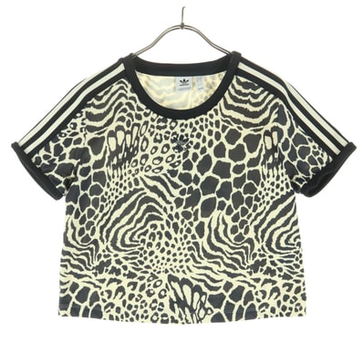 美品 adidas アディダス 総柄 バイカラー ワンポイントロゴ 半袖 クロップド丈 Tシャツ OT オフホワイト系 トレフォイルロゴ