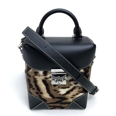 エムシーエム MCM レオパード ヒョウ 豹柄 MWR8ABF30EG001 ロゴロック金具 カバン 2WAY ショルダーバッグ ハラコ/レザー ベージュ×ブラック 美品