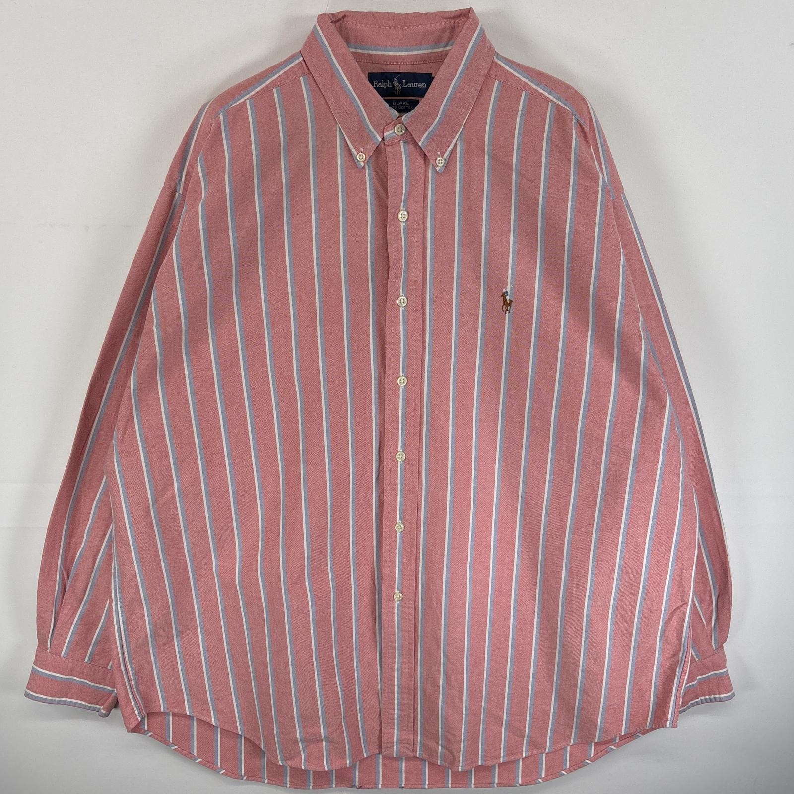 古着 90's/90年代 ラルフローレン RALPH LAUREN 長袖シャツ ワンポイント ロゴ 刺繍 ボタンダウンシャツ 厚手 XL  ピンク系 ストライプ メンズ