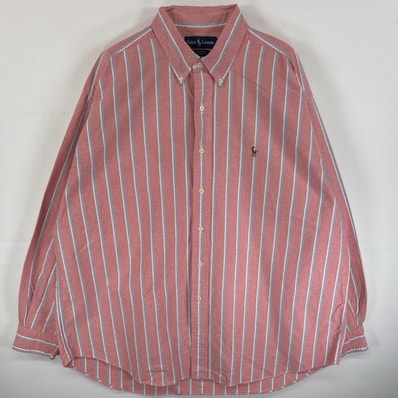 古着 90's/90年代 ラルフローレン RALPH LAUREN 長袖シャツ ワンポイント ロゴ 刺繍 ボタンダウンシャツ 厚手 XL ピンク系 ストライプ メンズ