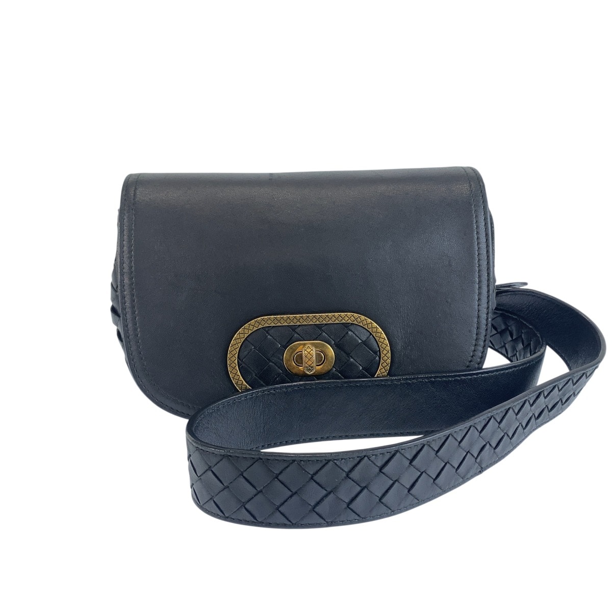 BOTTEGAVENETA ボッテガヴェネタ イントレチャート ブラック ゴールド レザー 斜め掛け ショルダーバッグ 1-0291456 【中古】