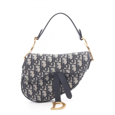 ディオール Dior サドルバッグ ミニ オブリークジャカード ハンドバッグ バッグ キャンバス レザー レディース アイボリー系 / ネイビー系 【中古】