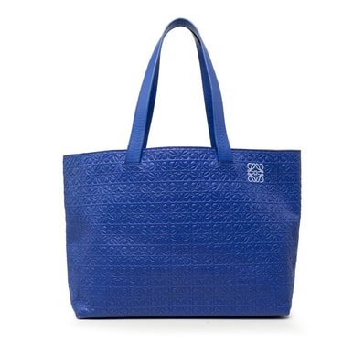 ロエベ リピート アナグラム イーストウエスト トートバッグ ショルダーバッグ ブルー レザー レディース LOEWE 【中古】