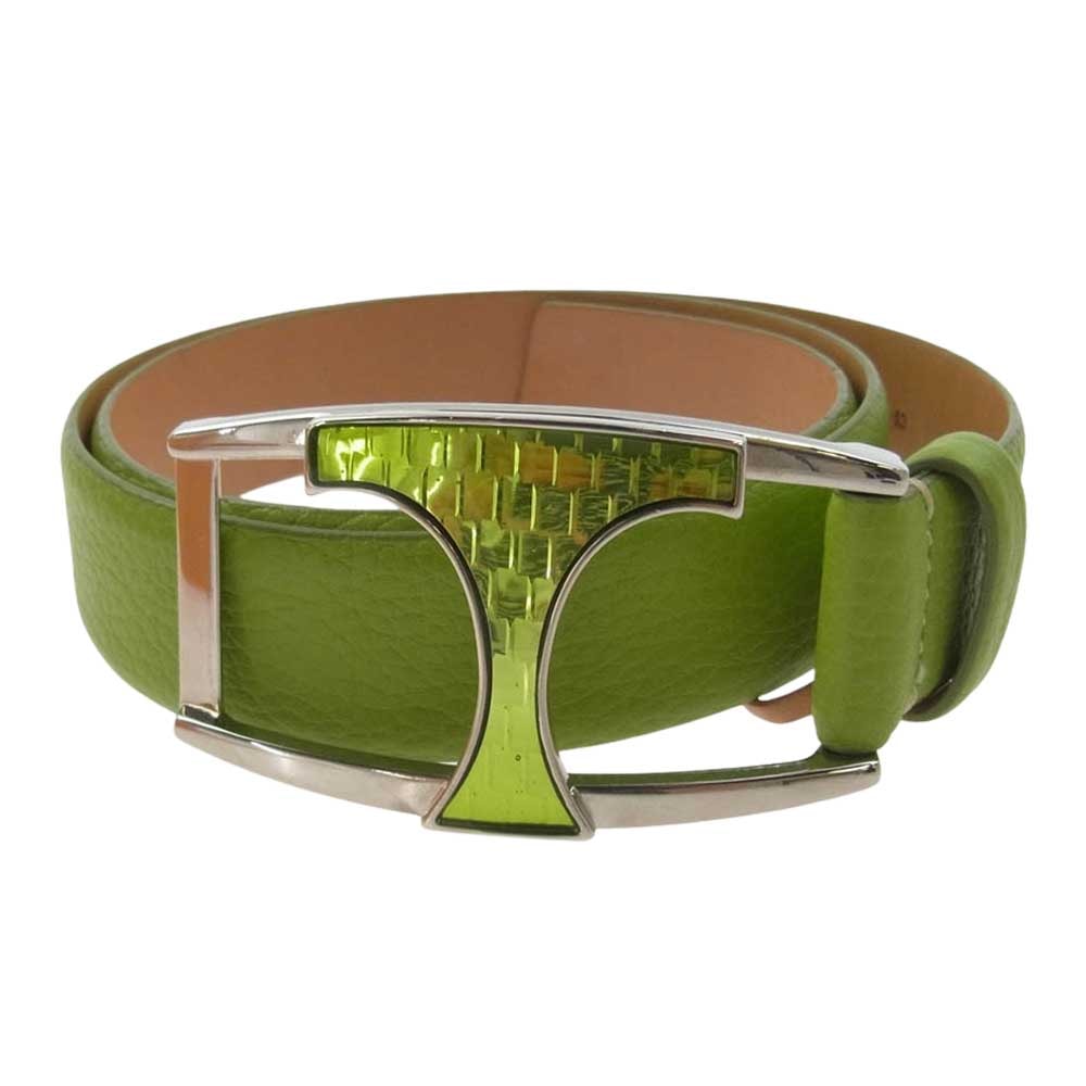 TOD’S トッズ ベルト T デザイン バックル レザー ベルト ライトグリーン系 75【中古】