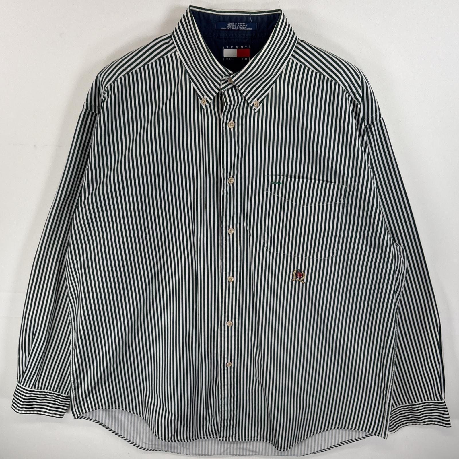 古着 90's/90年代 トミーヒルフィガー TOMMY HILFIGER 長袖シャツ ボタンダウンシャツ ワンポイント ロゴ 刺繍 厚手 L  グリーン系 ストライプ メンズ