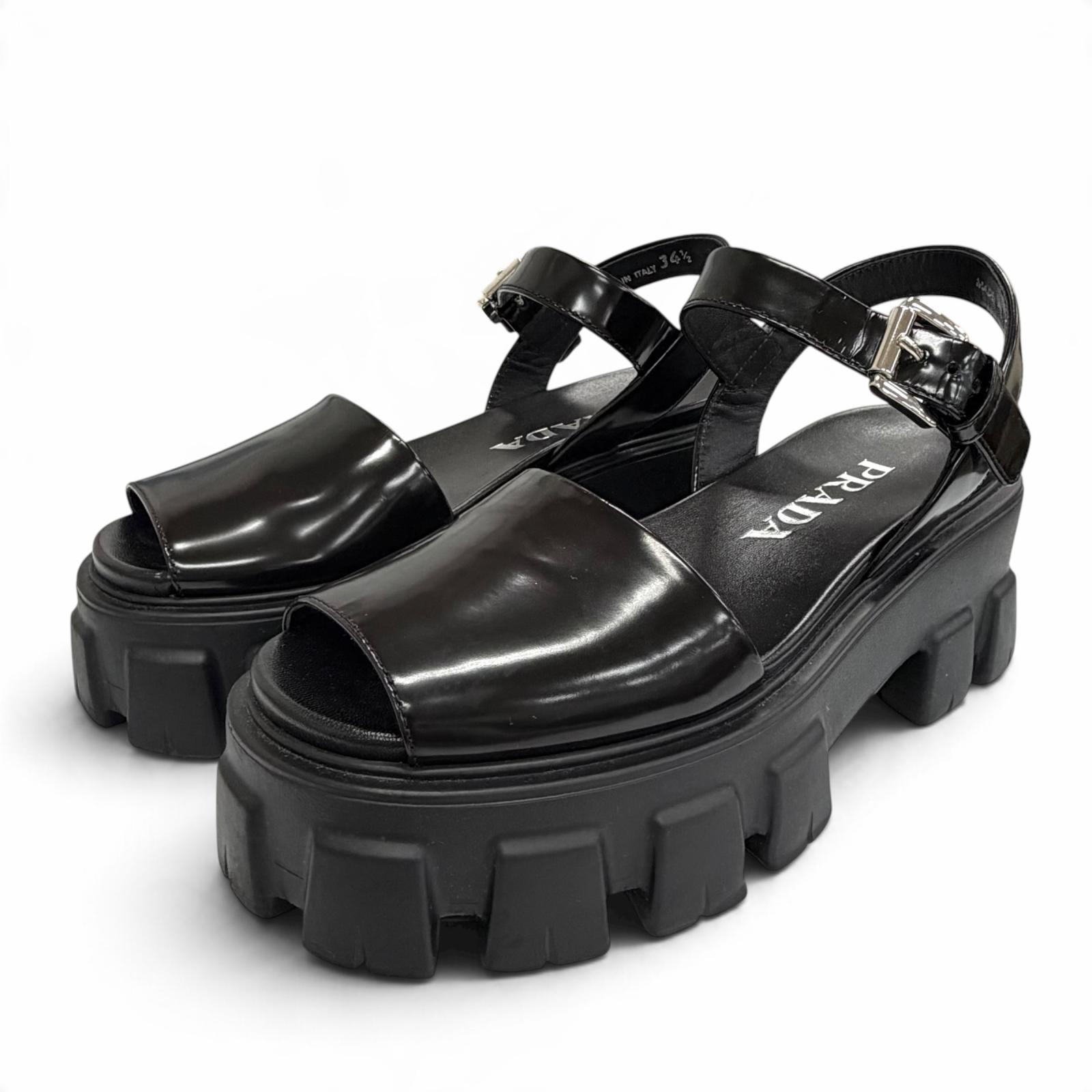 極美品 プラダ ブラッシュドレザー サンダル モノリス ブラック 34.5